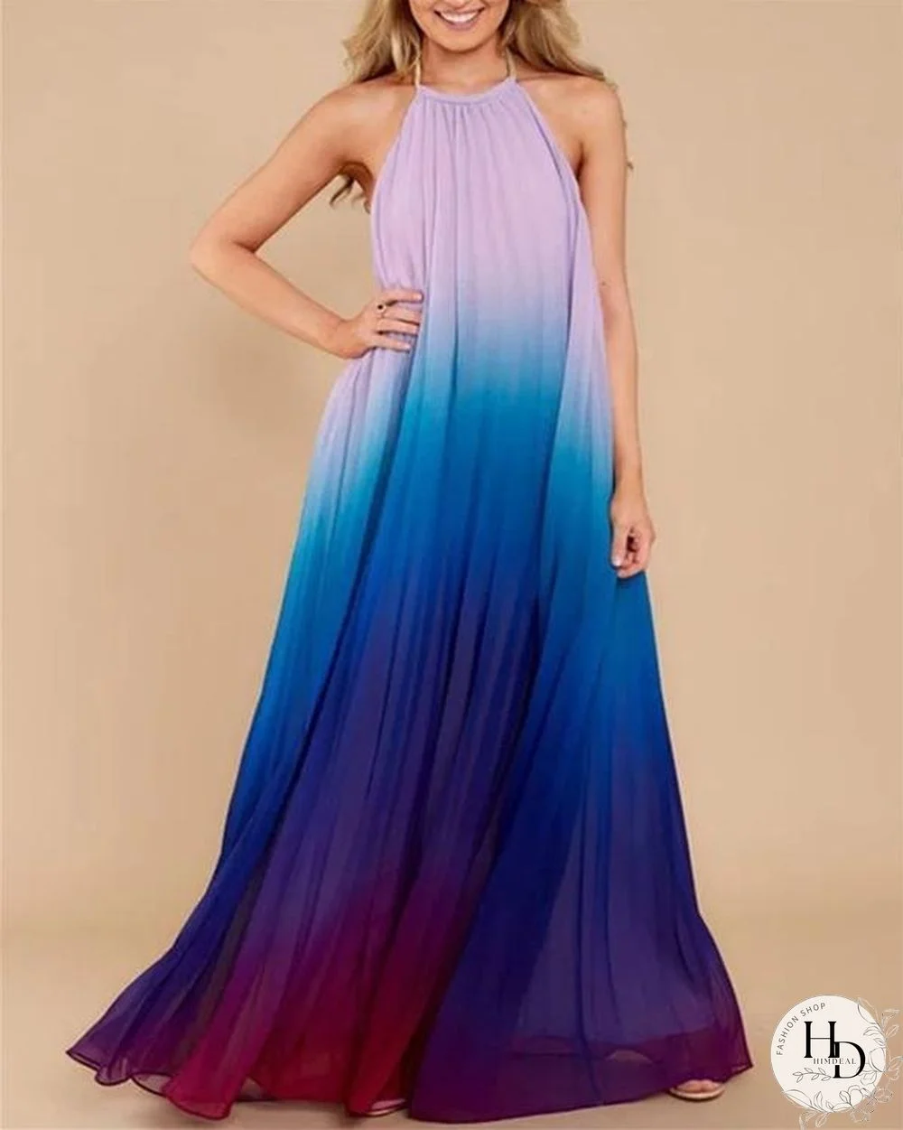 Women Ombre Chiffon Gradient Halter Sleeveless Evening Maxi Dress