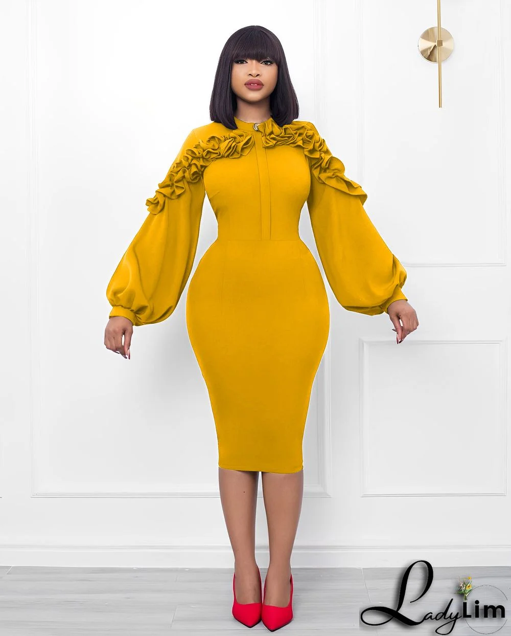 Women Fall Shirt Collar Long Sleeve Bodycon Dress