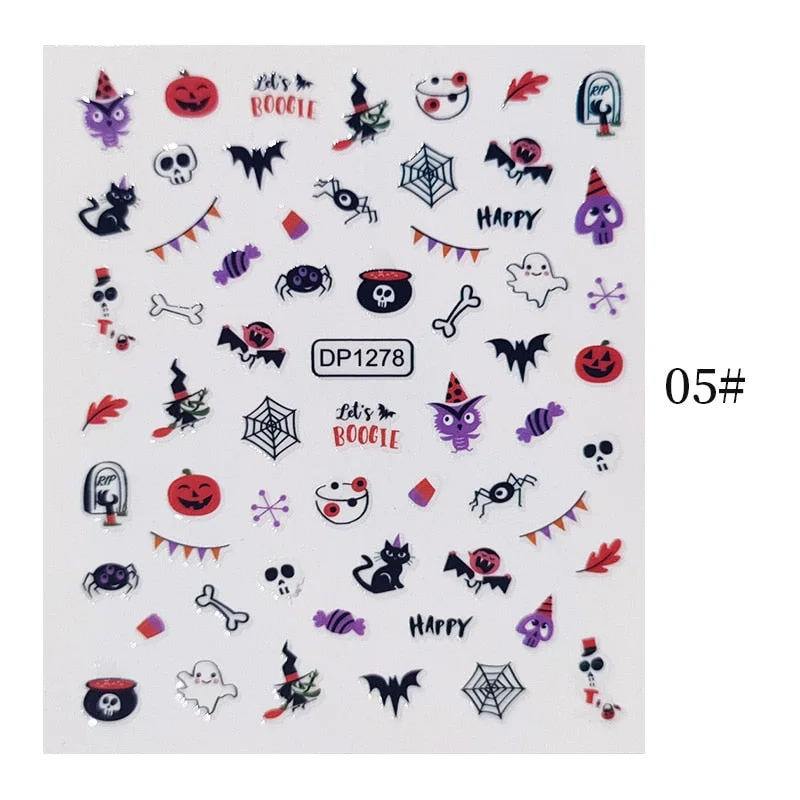 Halloween 3D Nail Stickers Skeleton Pumpkin Design Adhesive Nail Transfer Sliders Paper Autumn Winter DIY Nail Art Decoration