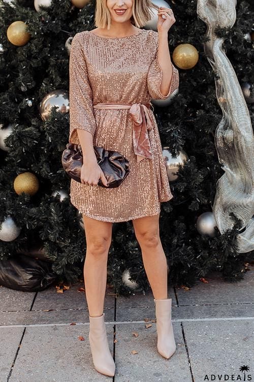 Sequin Belted Long Sleeve Mini Dress