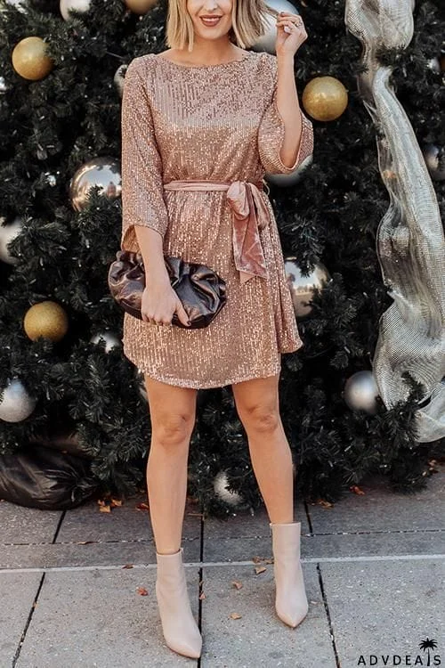 Sequin Belted Long Sleeve Mini Dress