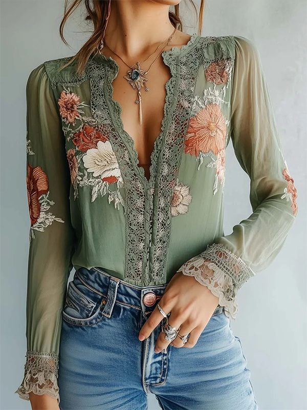 Floral Printed Lace Sheer Long Sleeve Blouse
