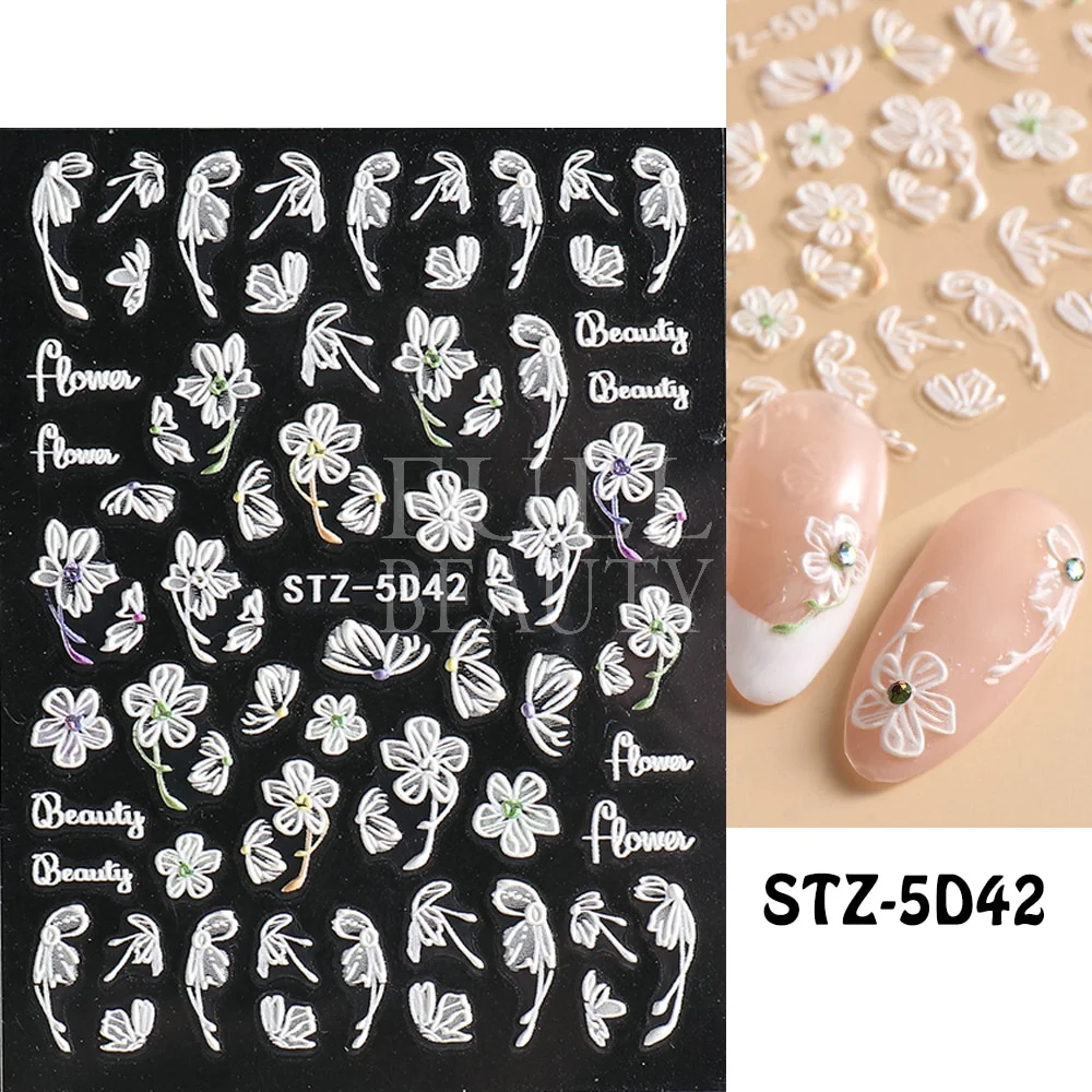 Churchf Nail Stickers Flowers Geometric Lines Decor Acrylic Embossed Sliders Gold Frame Nail Decals Cherry Blossom Manicure GLJI-5D05-Nail Inspo