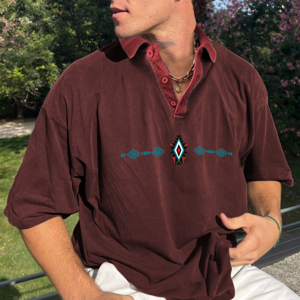 Summer Surfing Logo Ethnic Print Contrast Color Stitching POLO Shirt Unisex Oversized T-shirt