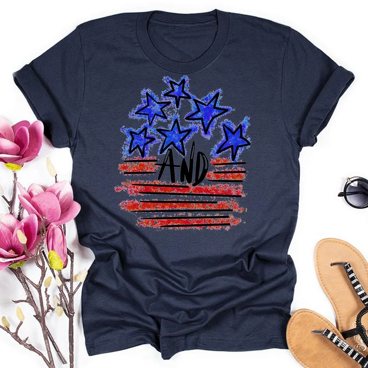 Stars and Stripes Retro American  Round Neck T-shirt-018173