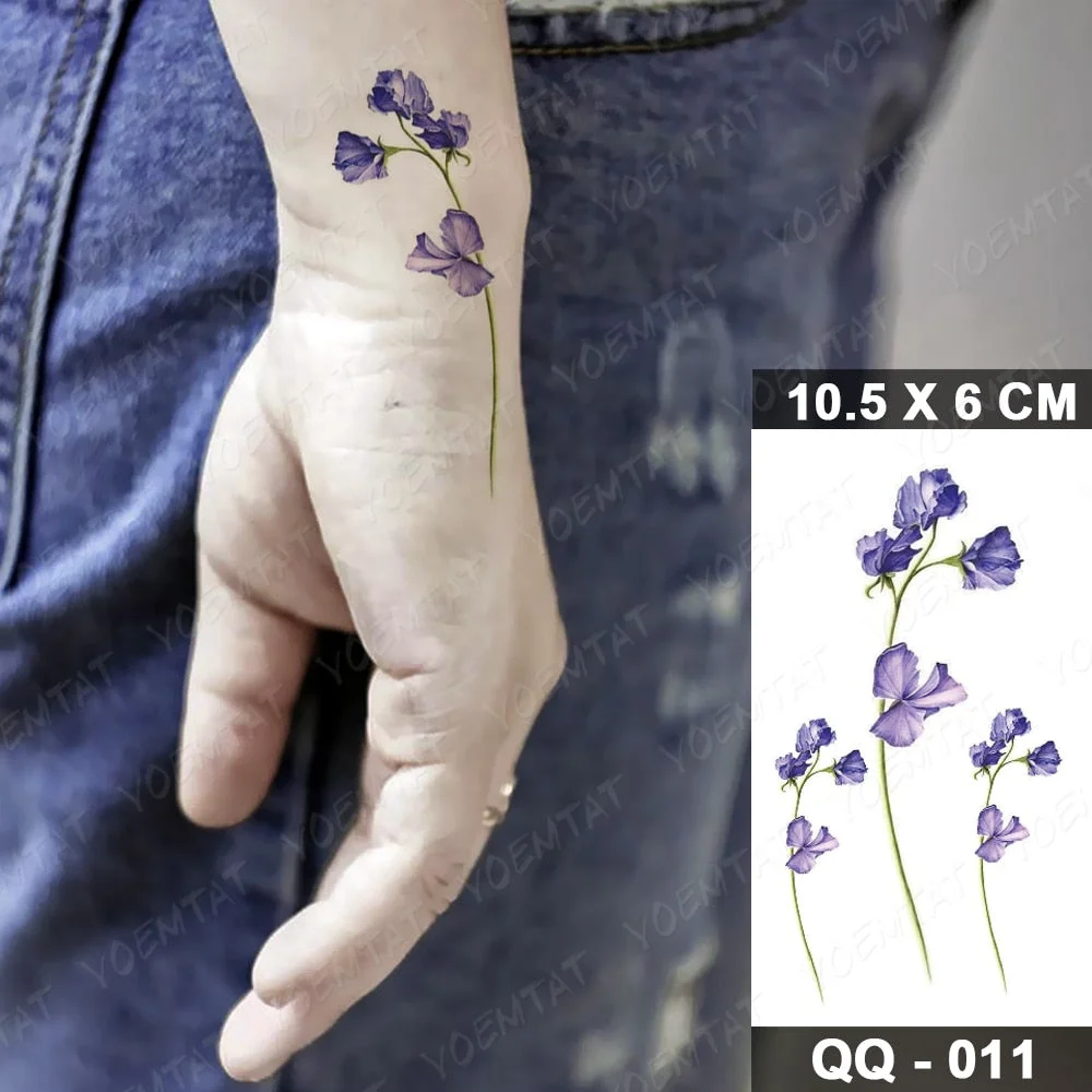Waterproof Temporary Tattoo Sticker Watercolor Flowers Plants Flash Tatoo Purple Lavender Wrist Fake Tatto For Body Art Women