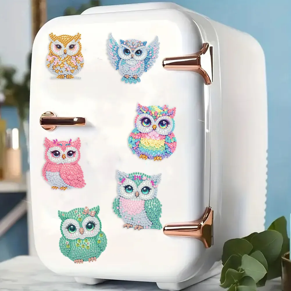 6Pcs Acrylic Owl DIY Diamond Painting Fridge Stickers for Home Kitchen