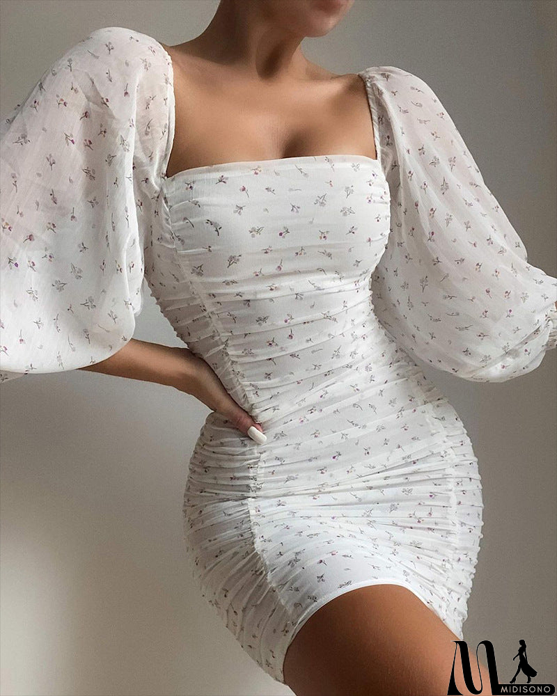 MidiSono - Casual White Floral Long Sleeve Dress