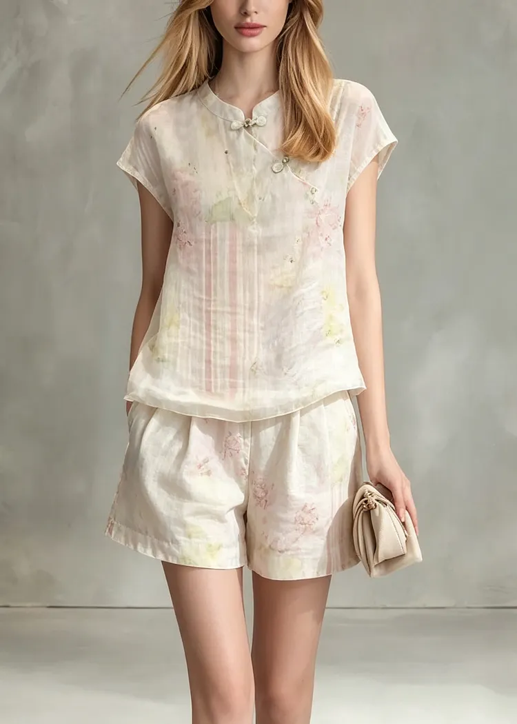 Vintage Stand Collar Chinese Button Print Cotton 2 Piece Outfit Summer