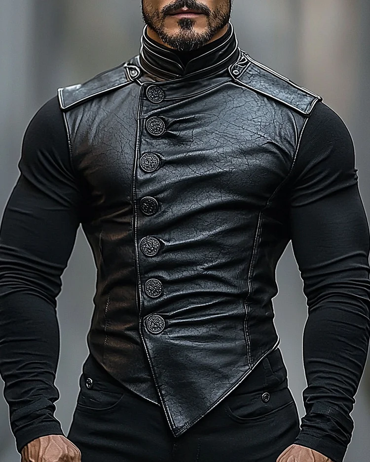 Men's Stylish High Collar Button Leather Long Sleeve Top