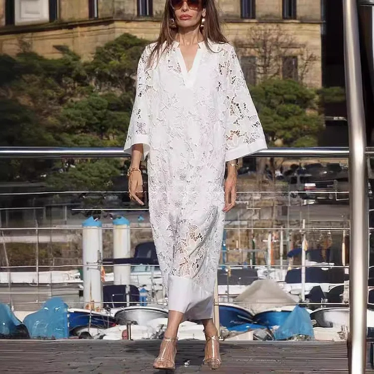 Women's Spring Casual V-Neck Lace Long Dress