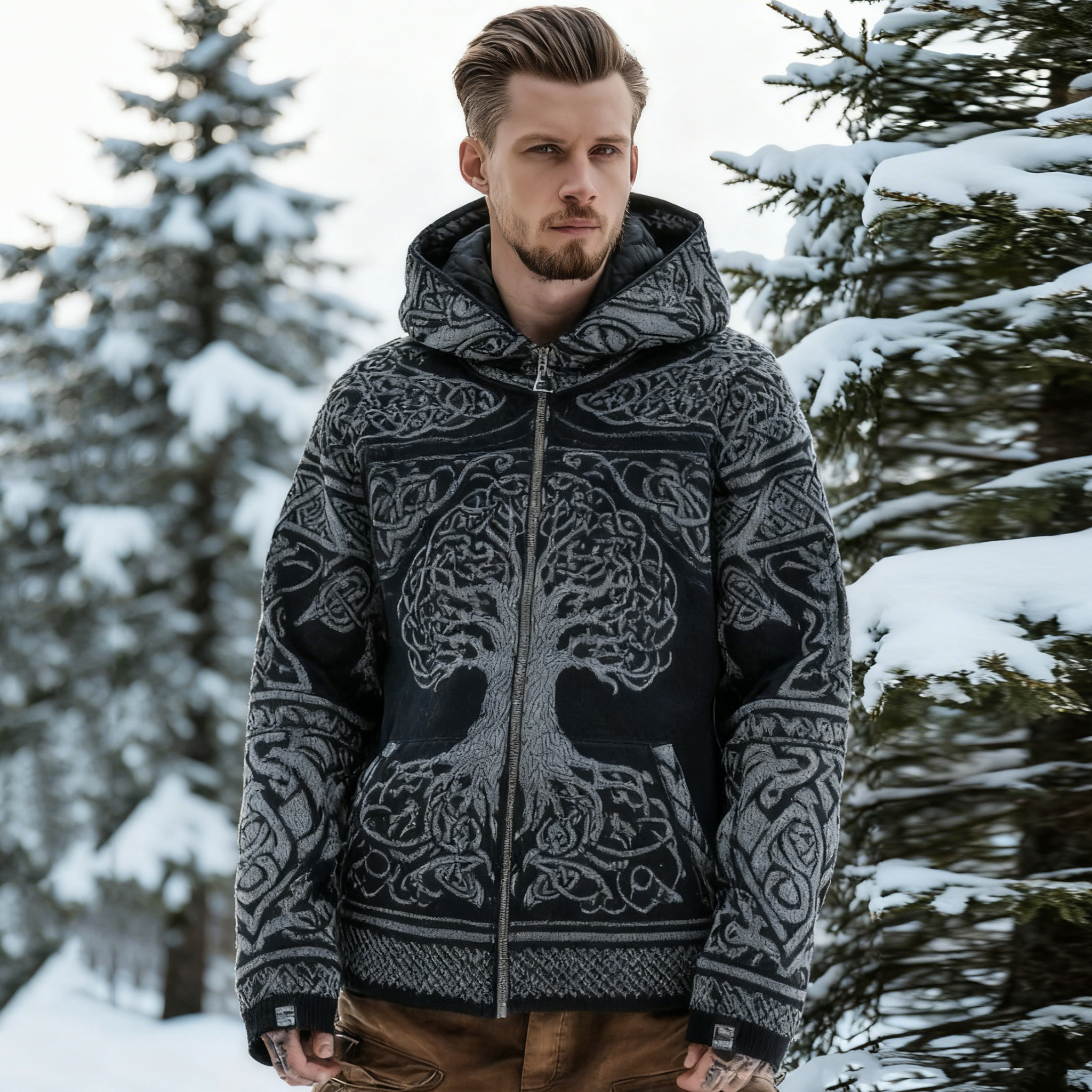 Men's Retro Viking Style Tree Of Life Pattern Full Zipper Comfortable Hoodie elevenforest