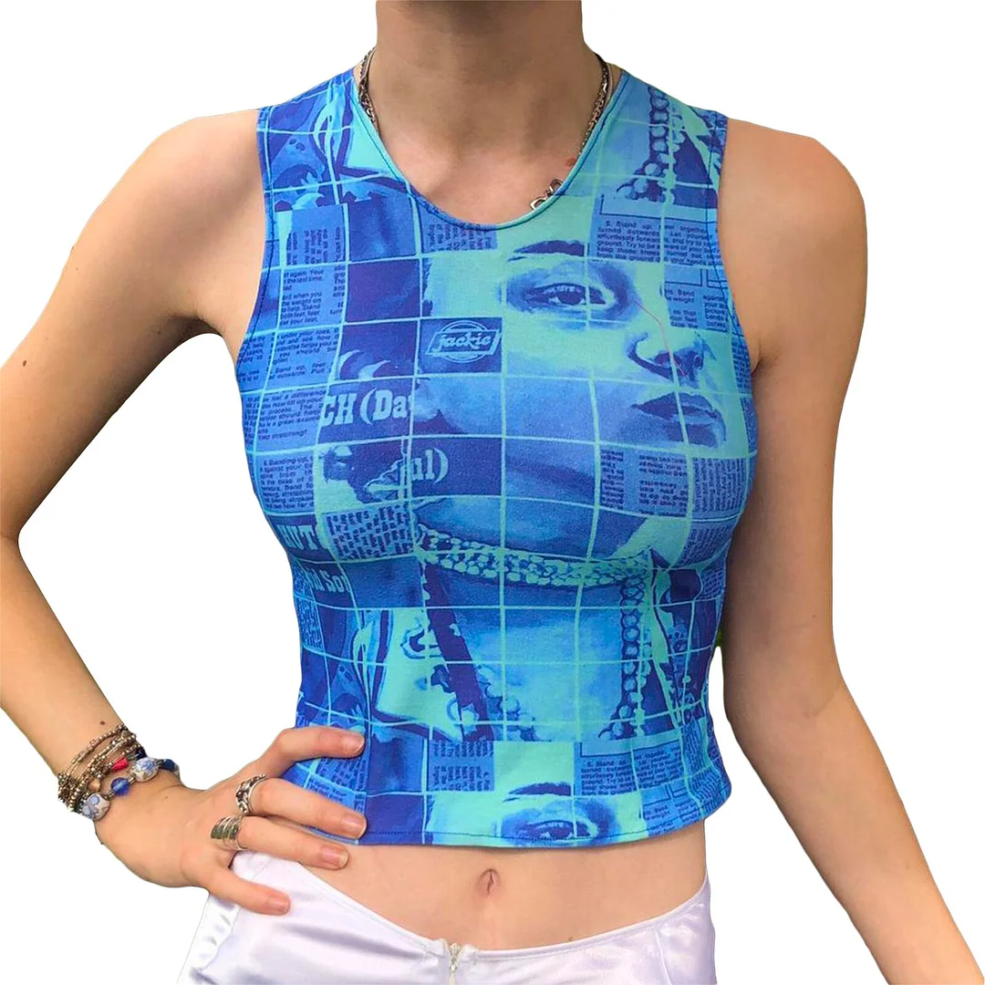 2023 Summer New  Women's Print Vest Sleeveless Round Neck Slim Fit Crop Tops Streetwear Fashion Girl's Cropped Tank Top