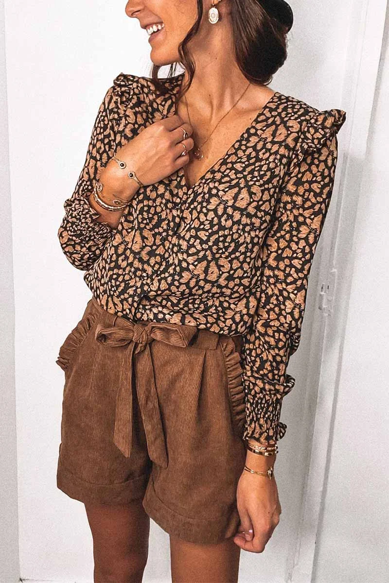 Abebey V-Neck Spotted Leopard Print Long-Sleeved Shirt