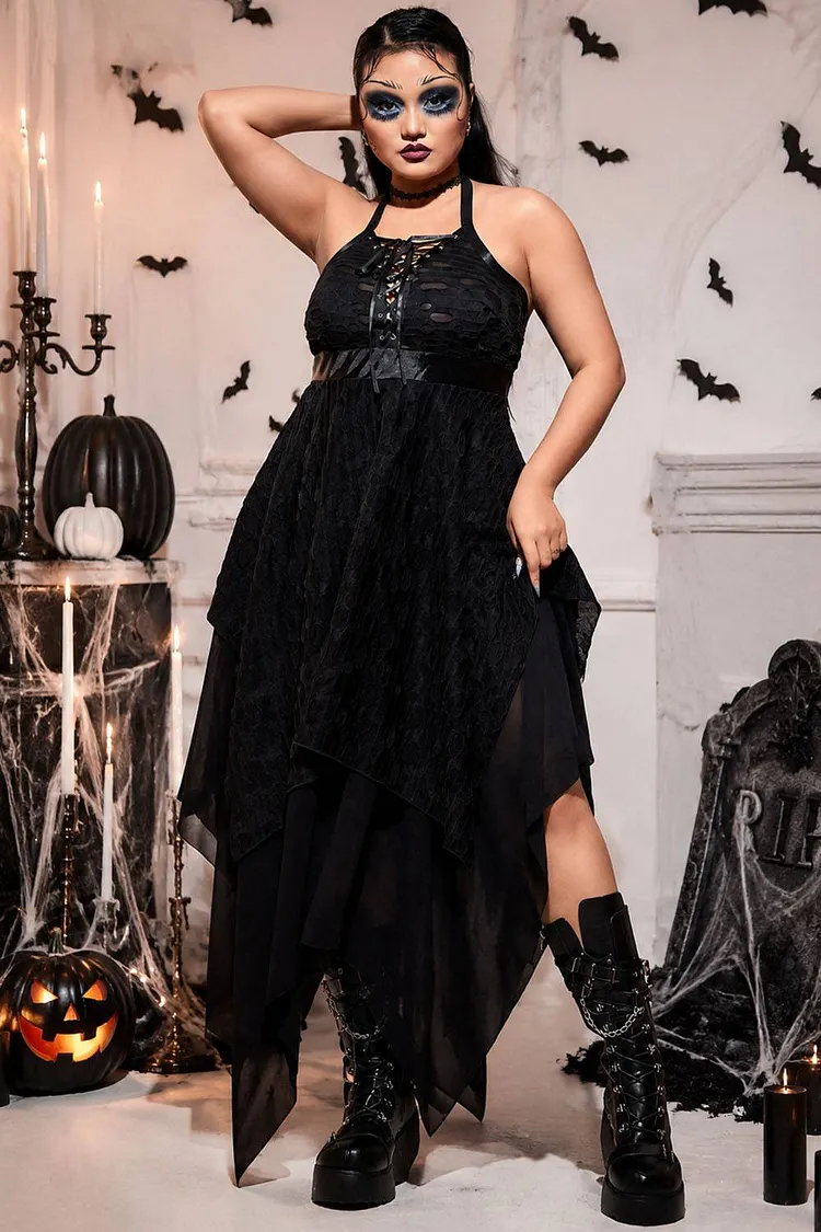 Xpluswear Design Plus Size Halloween Costume Black Lace Up Sleeveless Irregular Hollow Knitted Midi Dress（Ships 24h） 2024 - Xpluswear