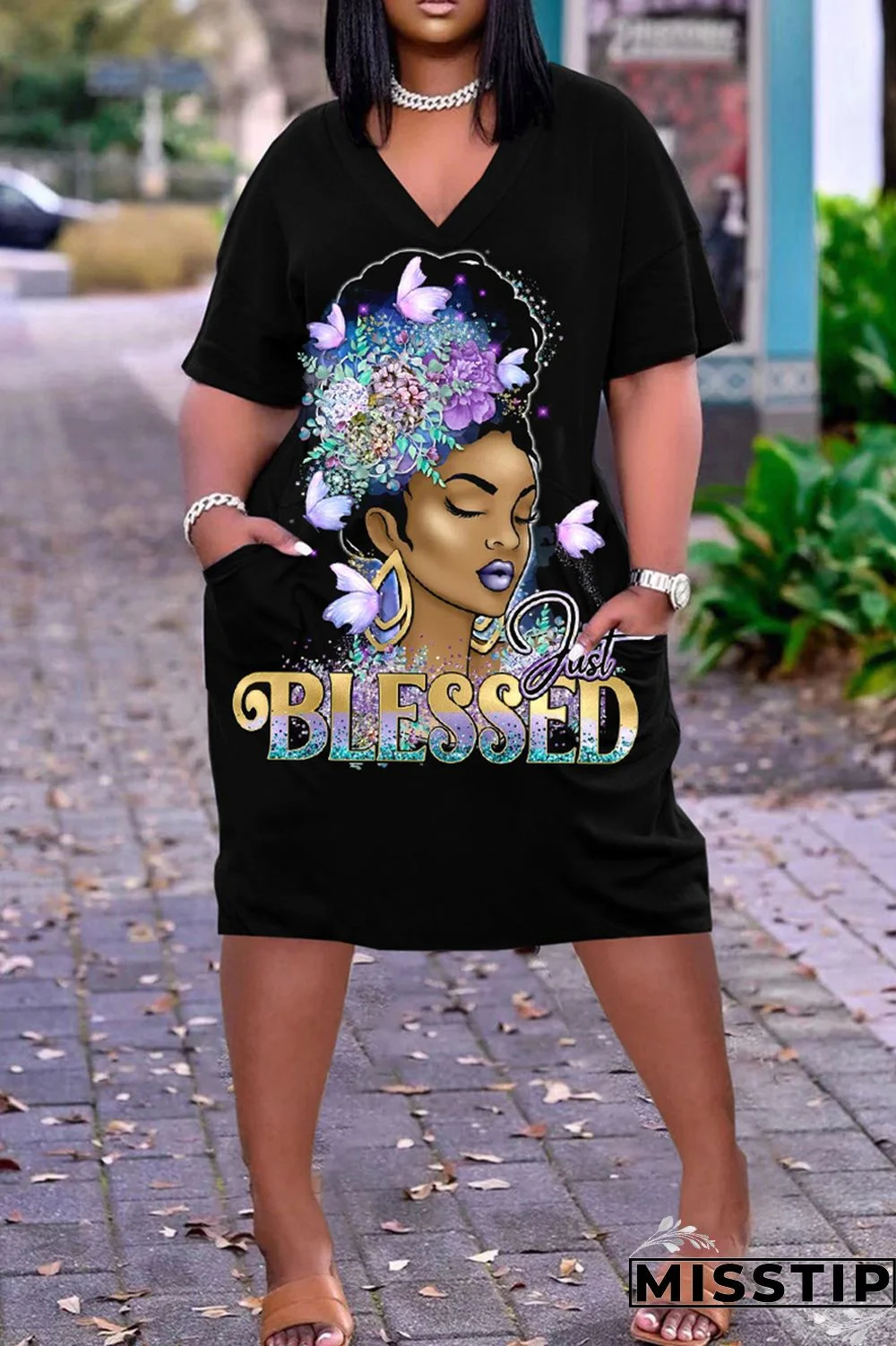 Multi-color Fashion Casual Print Patchwork V Neck Short Sleeve Dress