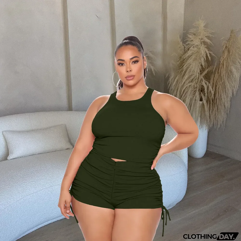 Plus Size Women's Tank Top Pleated Casual Shorts Two Piece Set