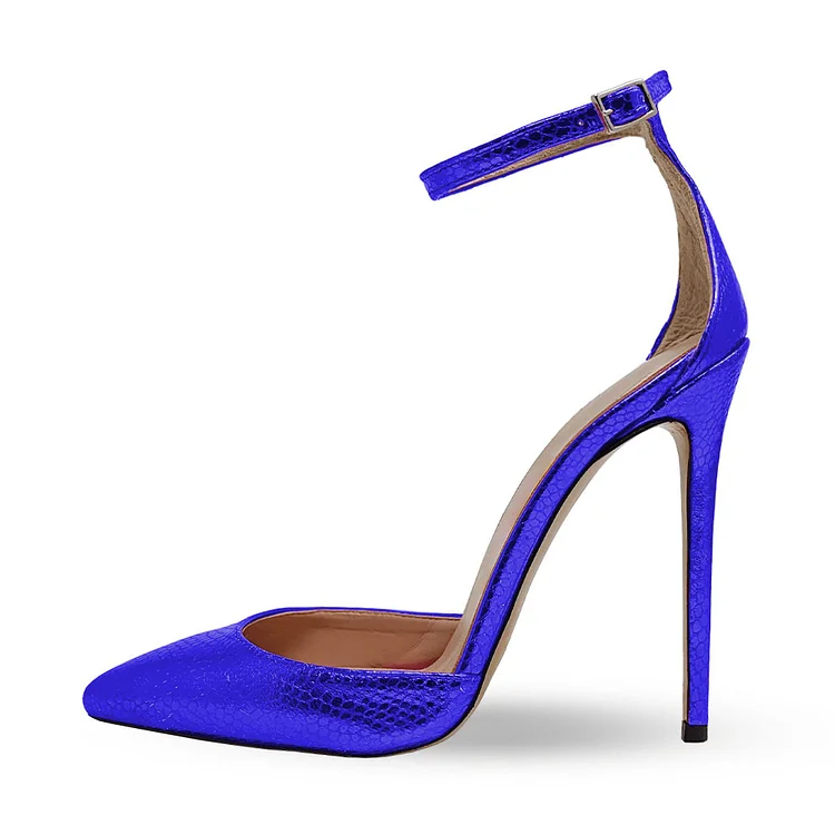 Blue Snake-Effect Stiletto Heel Buckled Ankle Strap Pumps Shoes |FSJ Shoes