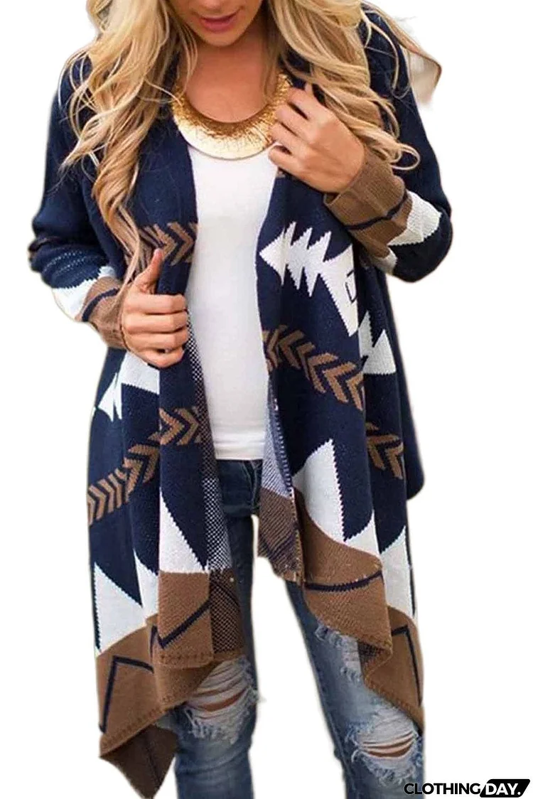 Color-Block Long Sleeve Casual Tribal Cardigan