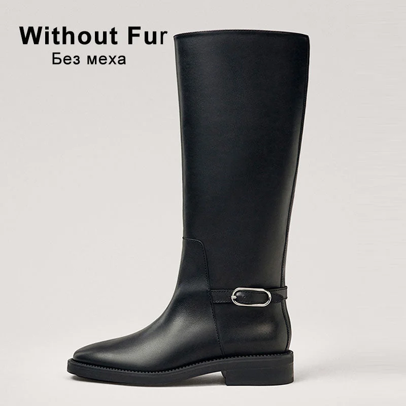 Lourdasprec 2022 New Women Knee Boots Real Leather Buckle Ridding Boots Woman Low Heels Winter Ladies Shoes Footwear Size 35-42