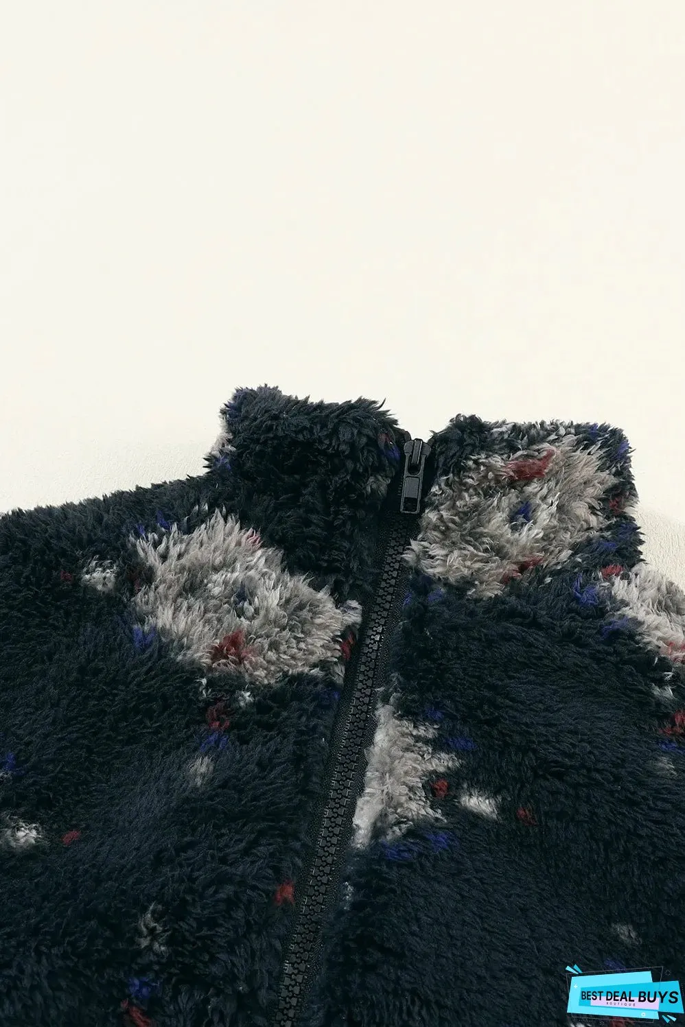 Black Aztec Pattern Zipper Collared Sherpa Jacket