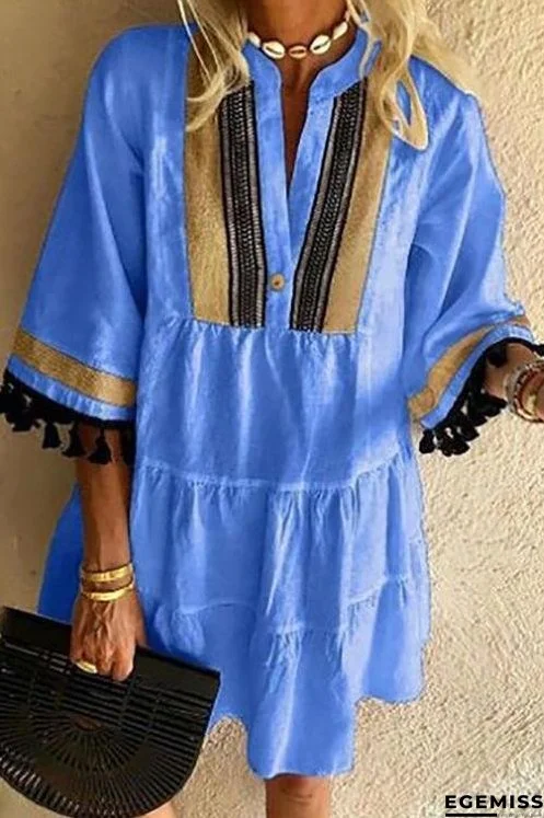 Print Tassels V Neck Mini Dress | EGEMISS