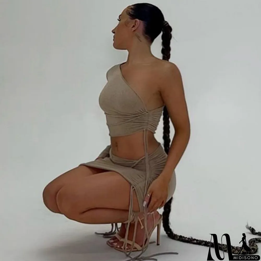 MidiSono - Women Fall One Shoulder Crop Top and Side Drawstring Skirt Two Piece Set