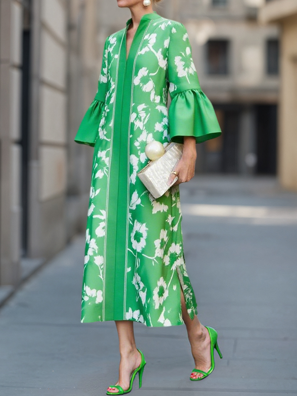 Flared Sleeves Loose Flower Print Pleated Pockets Split-Side V-Neck Maxi Dresses GREEN-XL