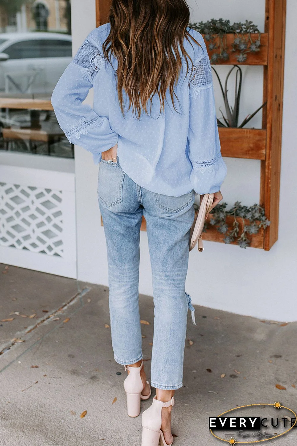 Sky Blue V Neck Lantern Sleeve Lace Hollow Out Top