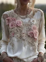 Vintage Boho Roses Embroidered Lace Comfy Linen Shirt