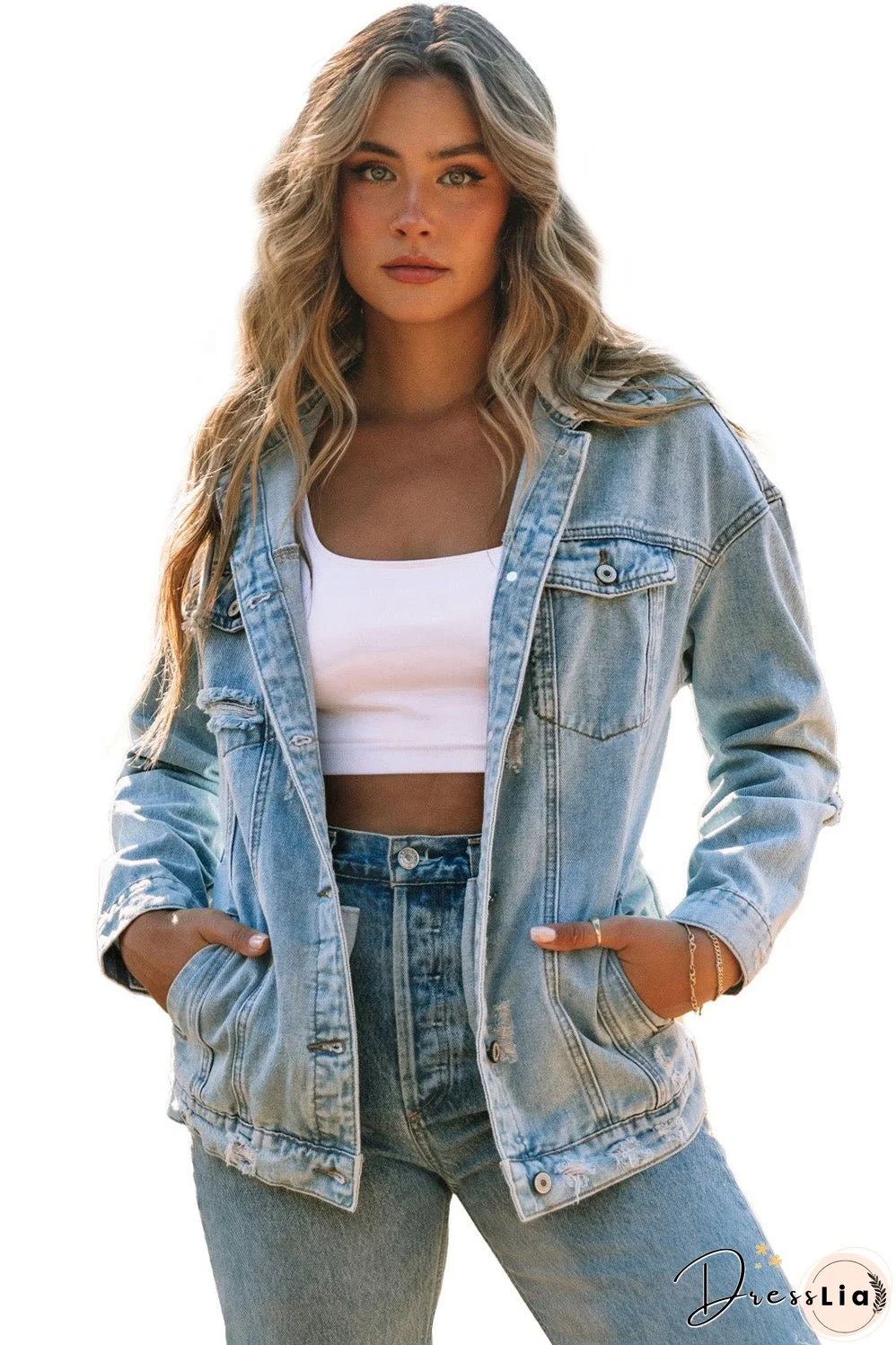Button Closure Ripped Hooded Denim Jacket