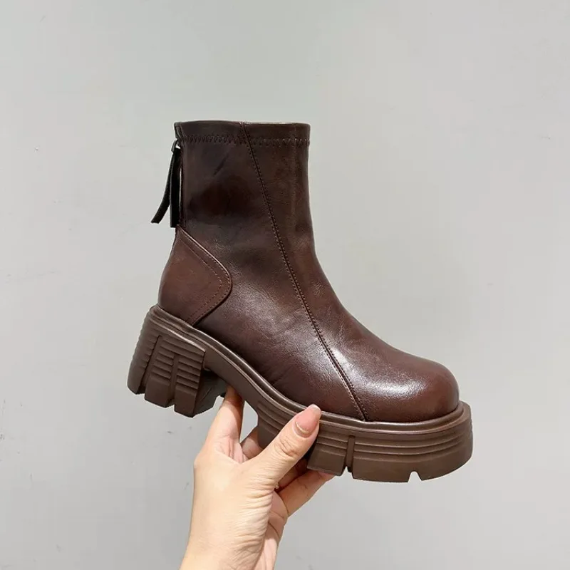 Maniros 2025 High Quality Women's Shoes Ankle Women's Boots Concise Modern Boots Women Round Toe Med Heel Platform Back Zip Ladies Shoes