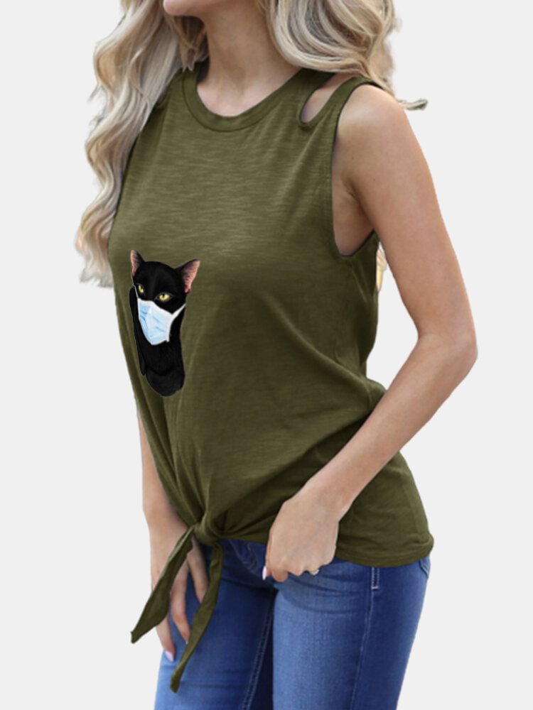 Cartoon Cat Printed Sleeveless Women Casual Tank Tops P1663799