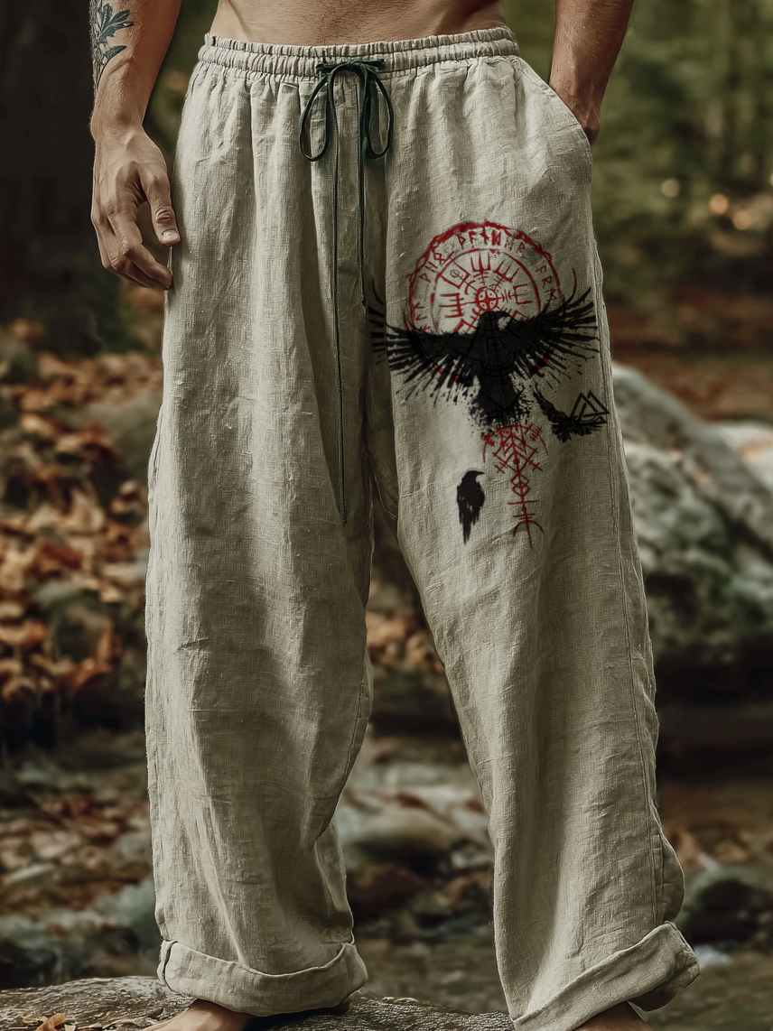 Men's Viking Raven Tribal Totem Nordic Casual Linen Pants / Rvogue / Rvogue