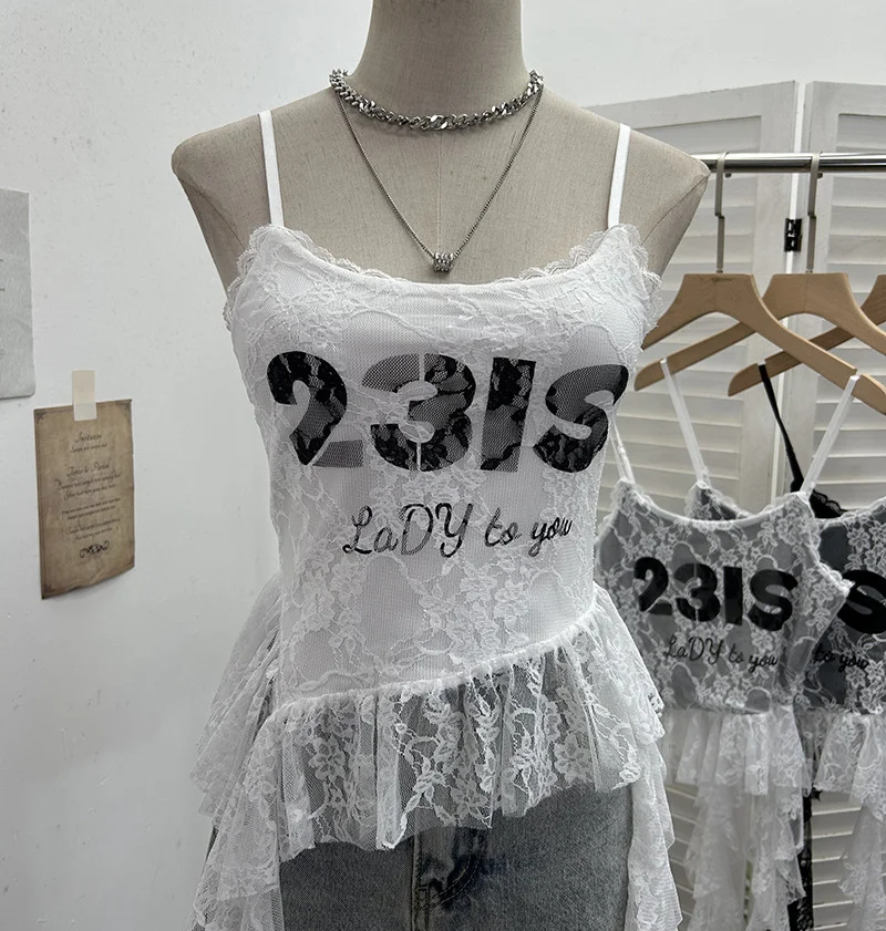 Uveng Real Shooting Lace Sling Vest Irregular Ribbon Hot Wear Print Short-Sleeved Top 1193