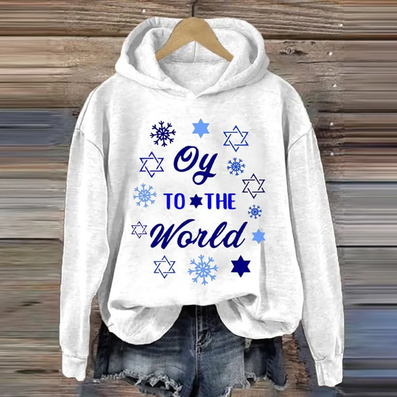 Women's Oy To The World Hanukkah Print Casual Sweatshirt