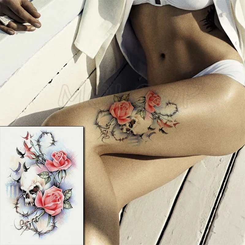 Temporary Tattoo Stickers Rose Sapphire Red Flower Fake Tatto Waterproof Tatoo Back Leg Arm Belly Big Size for Women Men Girl