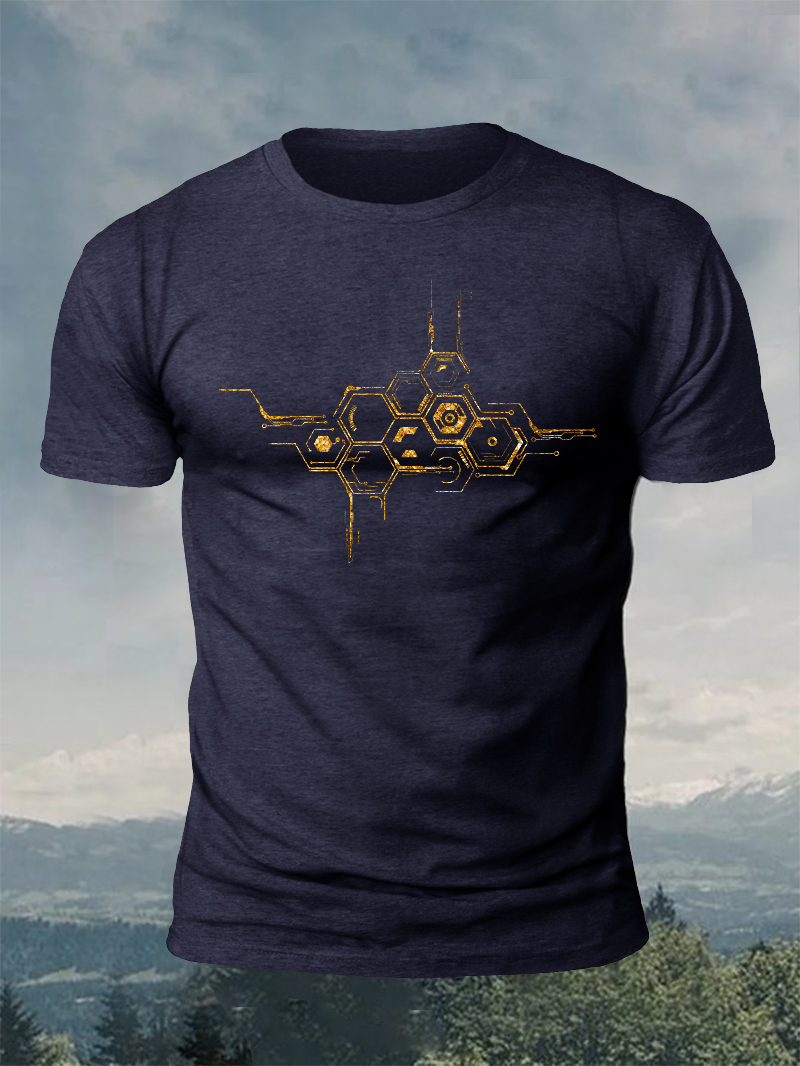 Golden Abstract Patten Hexagon Outlin Print Short Sleeve T-Shirt