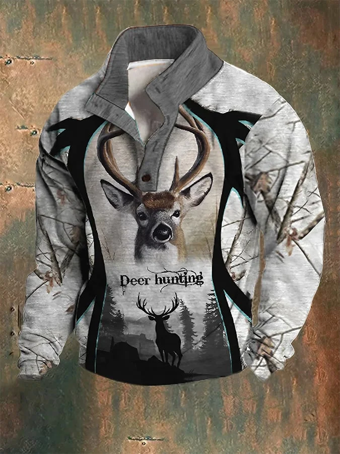 Men's Western Deer Hunting Print Stand Collar Button-Down Sweatshirt in Plush Fabric
