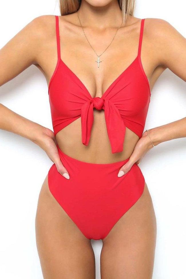 High Leg Cut Out Knotted One Piece Swimsuit-elleschic