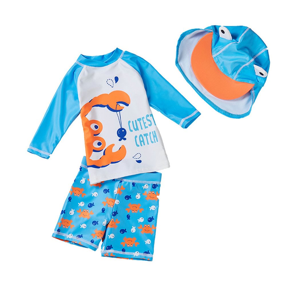 Kids Long Sleeve Swimsuit Cartoon Sunsuit Shark Swimwear with Sun Hat-Pajamasbuy