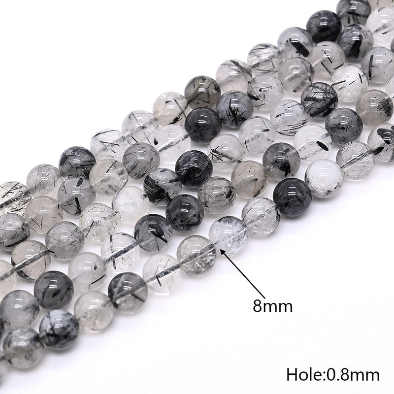 1 Strand/Package 10mm 6mm 8mm Hole Under 1mm Hole 1~1.9mm Natural Stone Black Hair Crystal Grade A Round Simple Lines Polished Jewelry Accessories