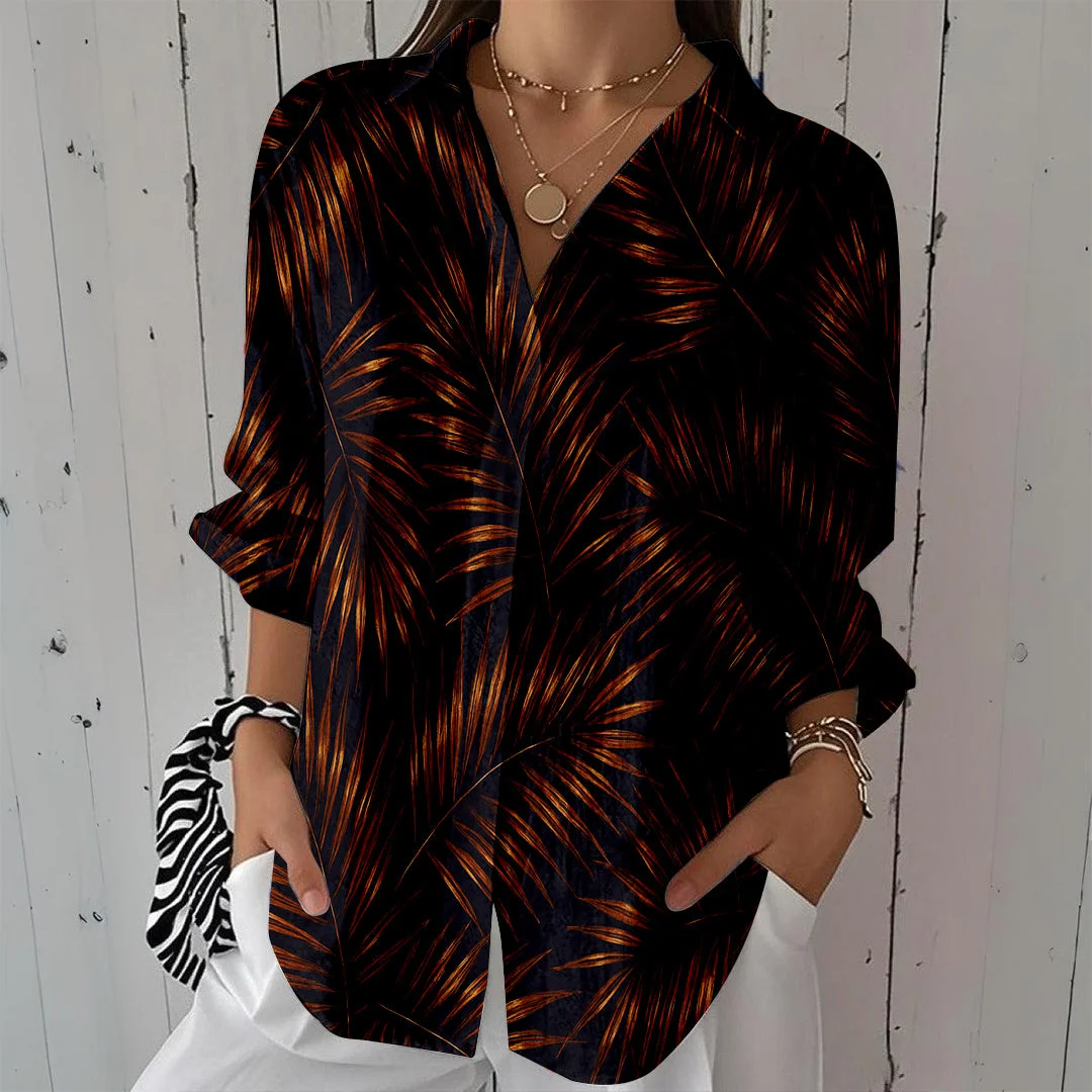 Style & Comfort for Mature Women Women Black, Leaves, Orange DZCL0380 3/4 Sleeve Shirt Collar Printed Button Tops