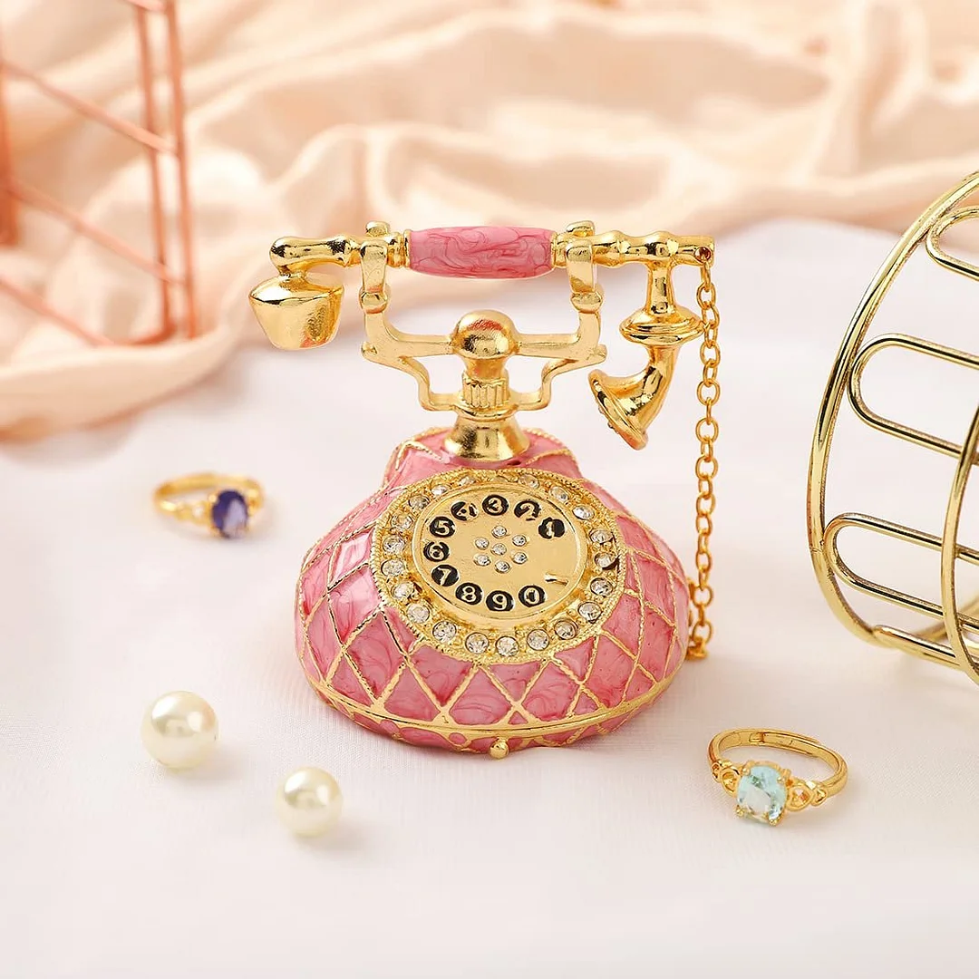 Hand Painted Pink Telephone Figurine Trinket Box Hinged Unique Gift for Family
