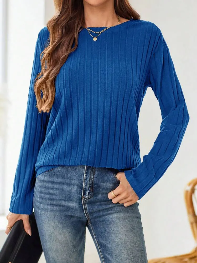 Fall Women Clothes Dark Blue Round-Neck Long-Sleeve T-Shirt For Autumn