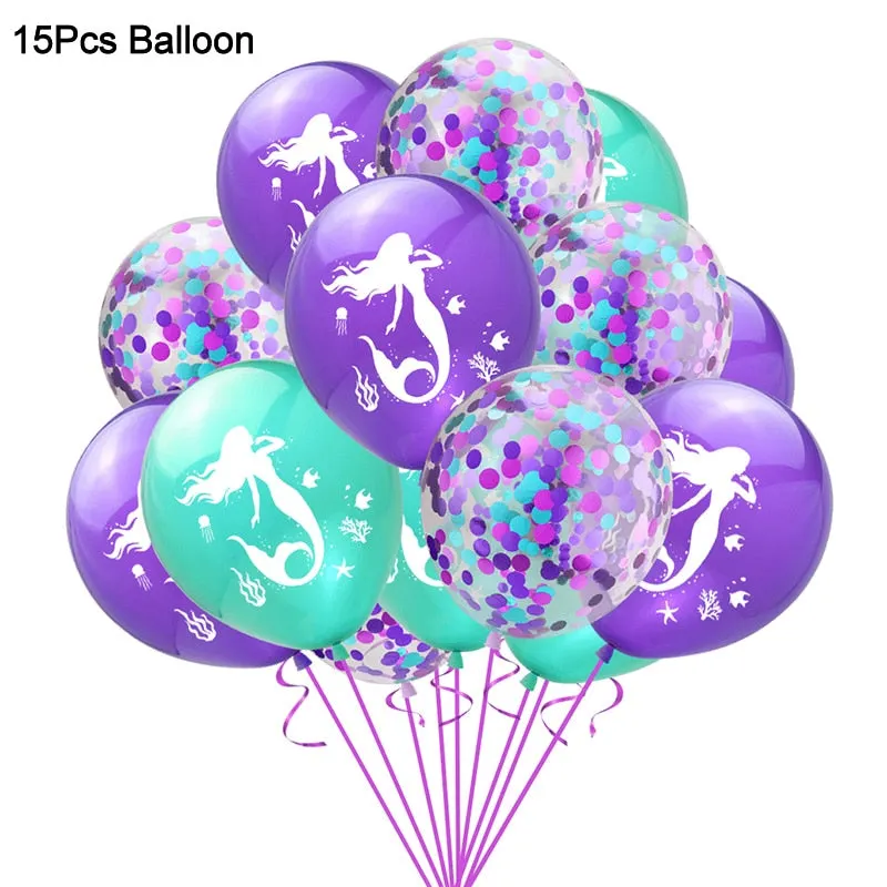 Mermaid Birthday Party Disposable Tableware Set Under The Sea Party Little Mermaid Girls 1st Birthday Decoration Shell Balloons