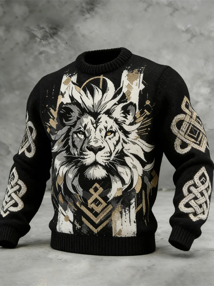 Nordic Lion & Celtic Knot Pattern Men's Knit Sweater