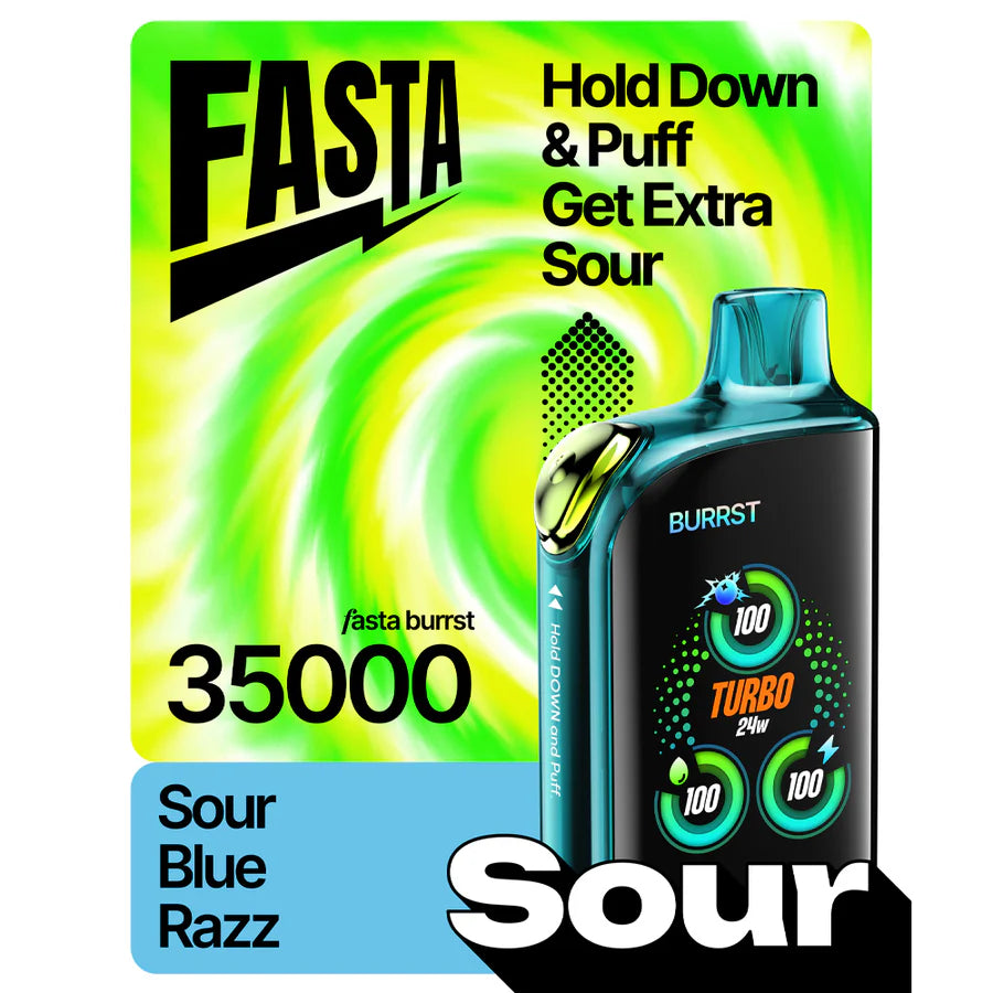 FASTA Burrst 35000 Blue Razz disposable vape with 'Hold Down & Puff Get Extra Sour'.