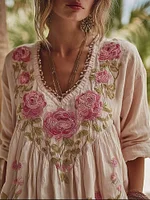 Vintage Boho Roses Embroidered Long Sleeve Linen Shirt