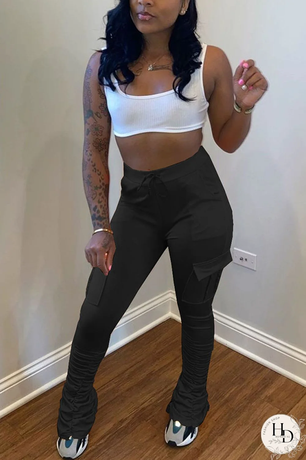 Yellow Drawstring High Solid Pocket Draped Boot Cut Pants Bottoms